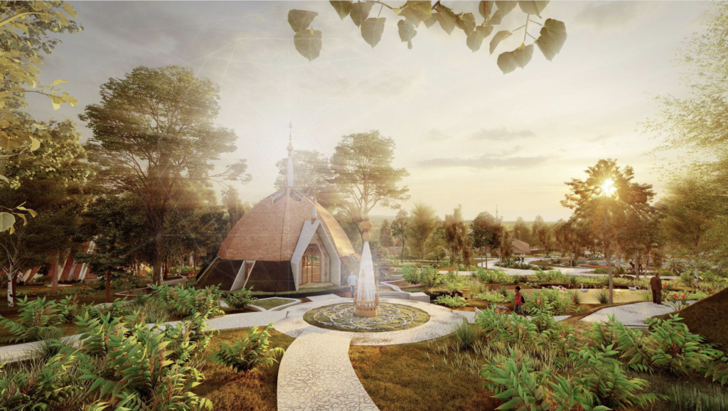 Spiritual garden with pyramid-like building - The Ophiuchus Healing Center